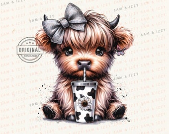 Cute Highland Cow with Bow PNG, Tumbler Sublimation (Digital Download)