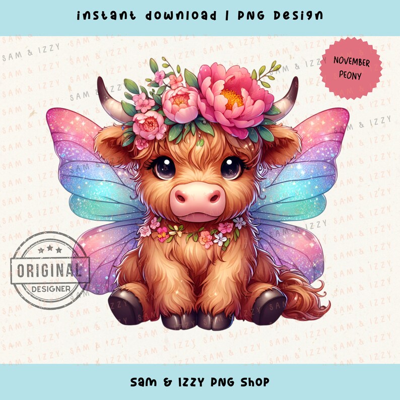 K&ouml;nnte beinhalten: Eine s&uuml;&szlig;e Cartoon-Highland-Kuh mit Feenfl&uuml;geln, die eine rosa Blumenkrone und eine Blumenkette tr&auml;gt. Die Fl&uuml;gel sind schillernd blau, rosa und lila. Der Hintergrund ist wei&szlig; mit einem sich wiederholenden Muster von "Sam & Izzy". Der Text "November Peony" befindet sich in einem Kreis oben rechts im Bild.