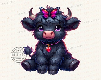 Highland Cow Art Print Coquette PNG Bundle for Sublimation and DTF, POD, Highland Cow Design, Highland Cow Bow Png, Cute Cow Png, Coquette