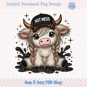 Hot Mess Cute Highland Cow Png Sublimation Design, Cute Snarky Bougie Western Cap Country Cow, Sarcasm Cute Cow for Shirt, Leopard Print Png