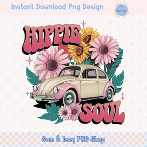 Hippie Soul Retro Floral Beetle Png Design a sublimazione per magliette, adesivi, borse, tazze, Boho Png, grafica vintage, fiore retrò alla moda