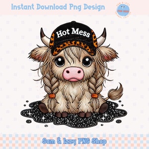 Hot Mess Cute Highland Cow Png Sublimation Design, Cute Snarky Bougie Western Cap Country Cow, Sarcasm Cute Cow for Shirt, Leopard Print Png
