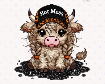 Hot Mess Süß Highland Kuh Png Sublimationsentwurf, süße Snarky Bougie Western Cap Country Kuh, Sarkasmus Süße Kuh für Shirt, Leopard Print Png