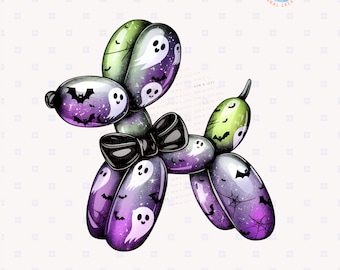 May include: A whimsical Halloween-themed balloon dog design. The balloon animal is composed of purple, green, and white balloons, decorated with ghosts, bats, and spiderwebs. The design includes the text "Instant Download Png Design" and "Sam & Izzy PNG Shop".