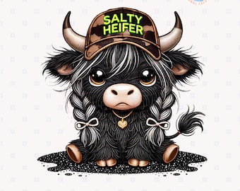 May include: A black and white cartoon Highland cow with a brown camouflage baseball cap that says "Salty Heifer" in green letters. The cow has white braids with bows and is sitting on a sparkly black surface.