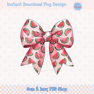 May include: A pink watercolour bow featuring a watermelon design. The bow is decorated with red watermelon slices and green rind details. The image includes the text "Instant Download Png Design" and "Sam & Izzy PNG Shop".