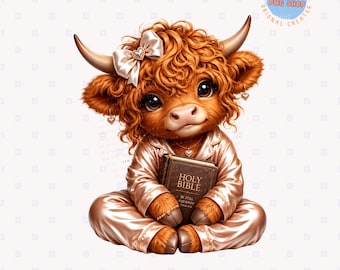 Cute Highland Cow PNG, Bible Cow PNG, Cute Cow Sublimation Design, Faith Based PNG, Bible Study Shirt, Pajama Cow Clipart