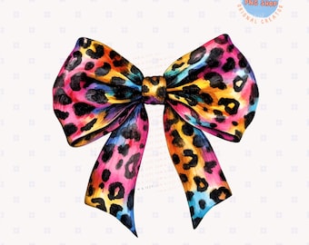Cute Coquette Neon Retro Leopard Print Bow Png Sublimation Design, Rainbow Bow Designs, Cute Neon 90's Vintage Trending Graphics, Girly Png