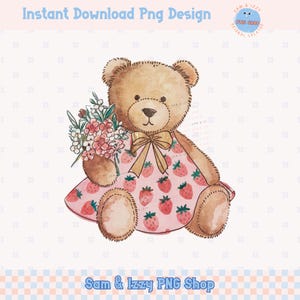 Mignon motif fraise de printemps ours en peluche Png sublimation design ours pépinière ours brun Png nounours Invitation coquette clipart