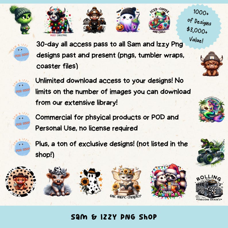 Op de afbeelding: Promotionele afbeelding voor Sam & Izzy PNG Shop, met verschillende cartoonontwerpen, waaronder een groen wezen met een muts, een koe met kerstverlichting en een spook met zonnebloemen. Tekst benadrukt een 30-daagse all-access pas en commercieel gebruik.