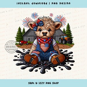 Country Girl Png, 4 luglio Png, Sublimazione patriottica, Stile ricamato Png, Mucca carina Png, Mucca delle Highlands Png, Western Png, Disegni di mucche