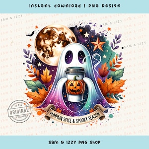 K&ouml;nnte beinhalten: Eine fantasievolle Illustration eines Geistes, der einen K&uuml;rbisgew&uuml;rz-Latte h&auml;lt, mit einem sternenklaren Nachthimmel und Herbstlaub im Hintergrund. Der Text "Pumpkin Spice & Spooky Season" ist auf einem Banner geschrieben.