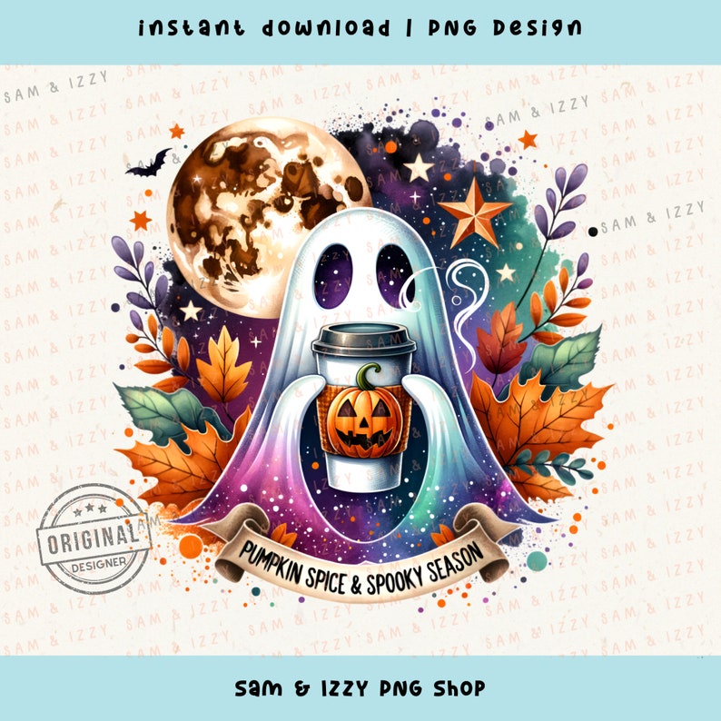 K&ouml;nnte beinhalten: Eine fantasievolle Illustration eines Geistes, der einen K&uuml;rbisgew&uuml;rz-Latte h&auml;lt, mit einem sternenklaren Nachthimmel und Herbstlaub im Hintergrund. Der Text "Pumpkin Spice & Spooky Season" ist auf einem Banner geschrieben.