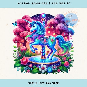 Op de afbeelding: Digitale illustratie van een carrousel eenhoorn met een blauw lichaam, regenboog manen en staart en bloemaccenten. De afbeelding bevat roze en paarse bomen, bloemen en vlinders. De tekst bovenaan luidt "instant download | PNG design".