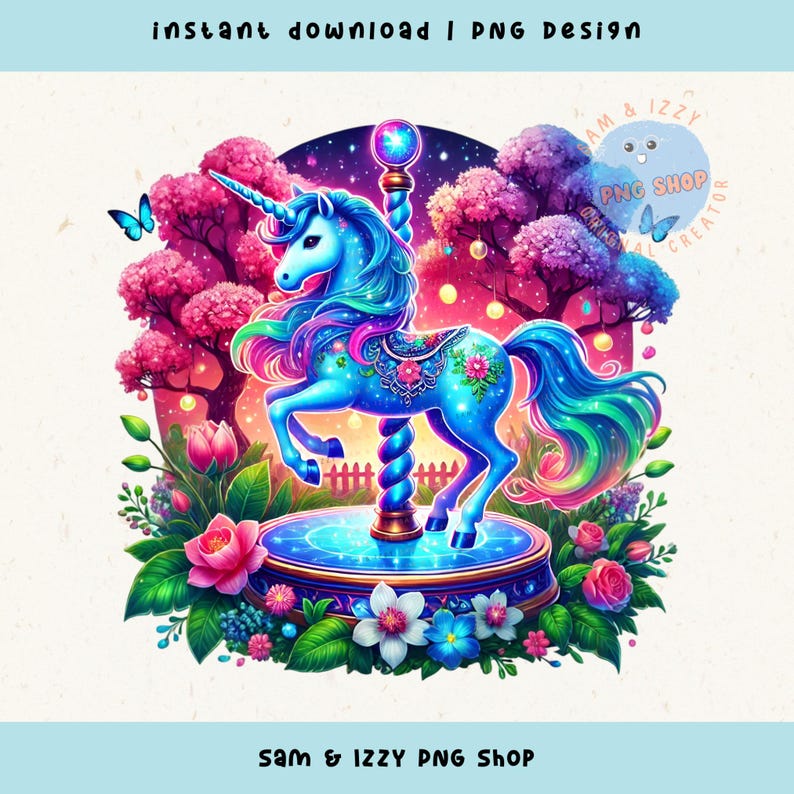 Op de afbeelding: Digitale illustratie van een carrousel eenhoorn met een blauw lichaam, regenboog manen en staart en bloemaccenten. De afbeelding bevat roze en paarse bomen, bloemen en vlinders. De tekst bovenaan luidt "instant download | PNG design".