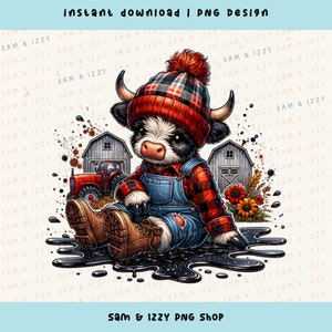 May include: A digital illustration of a cartoon calf wearing a red plaid hat and shirt, blue overalls, and brown boots. The calf is sitting in a puddle with a red tractor and barns in the background. Text reads "instant download | PNG design" and "SAM & IZZY PNG SHOP".