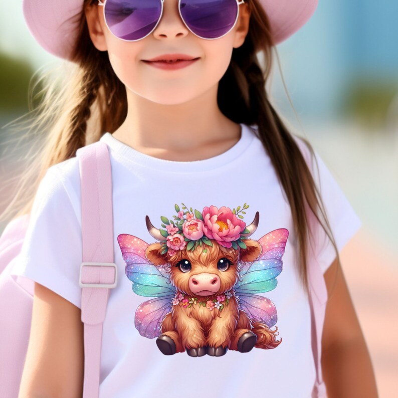 K&ouml;nnte beinhalten: Ein wei&szlig;es T-Shirt mit einem Cartoon-Bild eines braunen und wei&szlig;en Hochlandrindes, das eine Blumenkrone und Schmetterlingsfl&uuml;gel tr&auml;gt.