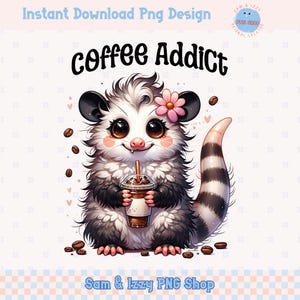 Kaffee-Süchtiger, niedlicher Png, Opossum-Clipart, Kaffee-Opossum-Liebhaber-Grafik, niedliches Opossum-Design, trendige Girly Png, niedliches Wild