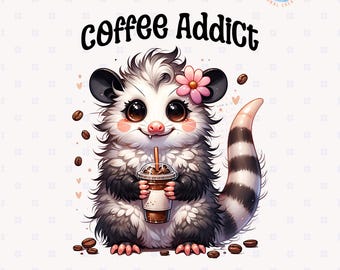 Coffee Addict Cute Opossum Png, Floral Wildlife Clipart, Coffee Opossum Lover Graphics, Cute Opossum Designs, Trending Girly Png, Cute Feral