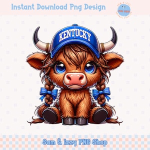 Design de sublimação em PNG de vaca das Terras Altas do Estado de Kentucky, PNG de amante de vacas esportivas, gráficos de vaca das Terras Altas de Bougie Ocidental, PNG de time esportivo azul DTF