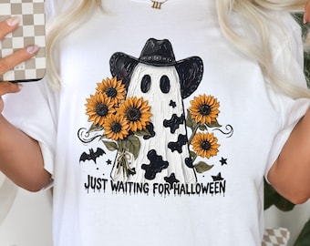 Halloween Ghost Shirt, Cowprint Ghost Tee, Just Waiting for Halloween Shirt, Sunflower Ghost Graphic Tee, Western Spooky Shirt