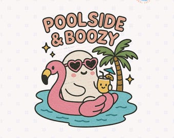 Poolside & Boozy Ghost Png Graphics, Cute Summer Ghost Clipart, Hot Ghoul Spooky Summer Sublimation Designs, Flamingo Floatie Cocktail Png