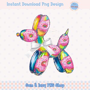 May include: A colorful balloon animal shaped like a dog, decorated with pink donuts and sprinkles. The balloon animal is tied with a white ribbon.