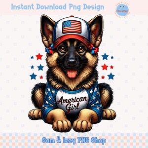 Cuatro de Julio PNG, Pastor Alemán Patriótico, Chica Americana Amante de los Perros, PNG Patriótico, Pegatinas de Perro, Clipart de Perro Lindo, Ilustración de Perro, DTF