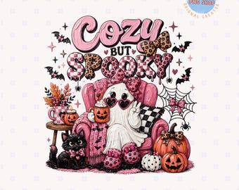 Cozy Spooky PNG, Pink Halloween PNG, Cute Ghost Sublimation, Black Cat Graphics, Fall Introvert Ghost Shirt Design, Trendy Preppy Autumn