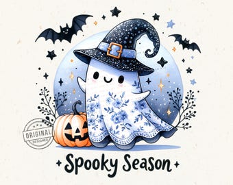 Gruselige Saison Niedlicher Geist Png, Blaue Blumenbogengeister, Toile Clipart, Toile de Jouy, Niedliche Halloween Cliparts, Vintage-inspirierte Geist Png, DTF
