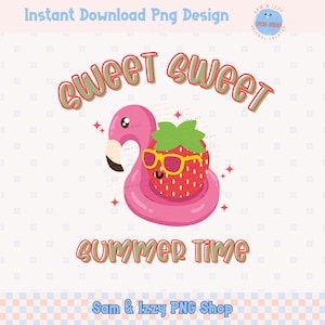 Süße Sommer-Erdbeere Png-Sublimations-Designs, niedliche Erdbeeren-Clipart, Flamingo-Schwimmgrafiken, Sommer-Lache-Vibes, Trendy Urlaub Png