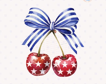 Fourth of July Coquette Cherry Bow Png Sublimation Designs, Retro Cherry Bow Patriotic American Girly Png Graphics,Trendy Cherry Bow Clipart