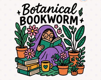Botanical Bookworm Png, Bookish Aesthetic Clipart, Cozy Reading Sublimation, Plant Mom Png, Book Lover Decor Designs, Indoor Plants Png, DTF