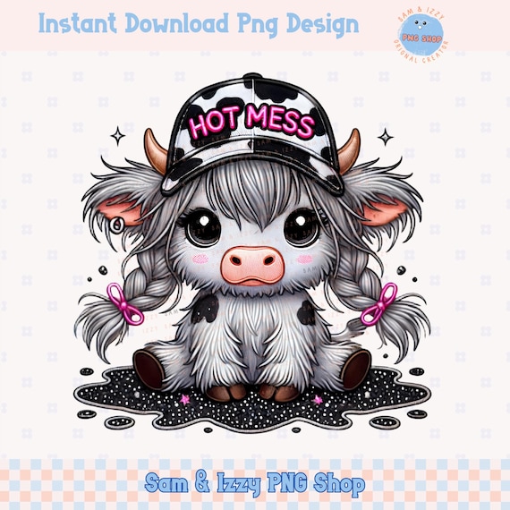 Hot Mess Cute Highland Cow Png Sublimation Design, Cute Snarky Bougie Western Cap Country Cow, Sarcasm Cute Cow for Shirt, Cow Print Png