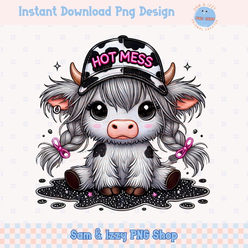 May include: A cartoon cow with a black and white spotted hat that says "HOT MESS" in red letters. The cow has gray fur, pink pigtails, and is sitting on a black and white glittery surface.