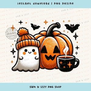 Joli bonnet fantôme avec sublimation de café et de citrouille PNG Design, jolis graphismes d'Halloween, amateurs de café d'automne, bonnet orange Png, DTF