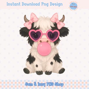 Jolie coquette vache Highland PNG, rose chewing-gum vache Clipart, coeur tendance lunettes PNG, fille vache Sublimation ferme Western Animal Designs