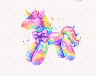 Rainbow Unicorn Balloon PNG, Magical Unicorn Clipart, Cute Girly Birthday PNG, Pastel Fantasy Sublimation Design, Sparkly Unicorn Art