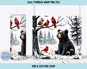20oz Skinny Tumbler Wrap Cute Black Bear Cub Sublimation Design PNG, Bear in Woods Png, Black Bear Tumbler, Wildlife Png, Cardinal Birds Png