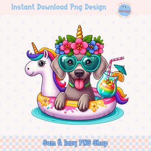 Può includere: Illustrazione digitale di un cane con occhiali da sole e una corona di fiori, che galleggia su un galleggiante a forma di unicorno. Il cane ha la lingua di fuori e tiene in mano una bevanda tropicale. Include il testo "Instant Download Png Design" e "Sam & Izzy PNG Shop".