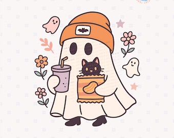 Funny Ghost Snack Png, Halloween Ghost with Chips and Soda, Cute Black Cat and Snack Png Retro Fall Sublimation Design for Stickers & Shirts