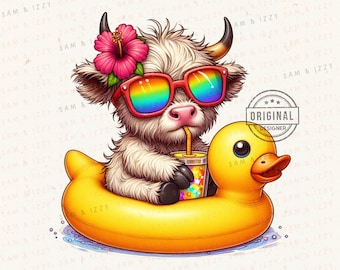 May include: A white Highland cow with rainbow sunglasses and a pink flower in its hair is sitting in a yellow rubber ducky pool float. The cow is holding a colorful drink with a straw. The background is a light blue with the text "SAM & IZZY PNG SHOP" at the bottom.