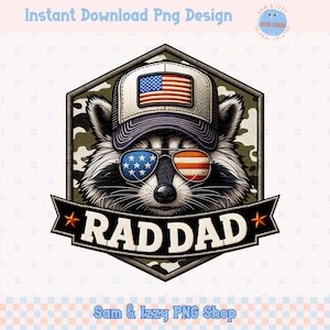 Design patriotique de sublimation de Png de raton laveur sauvage de Rad papa, graphiques drôles de chemise de jour de père de camo, jour de l'indépendance 4 juillet raton laveur mignon