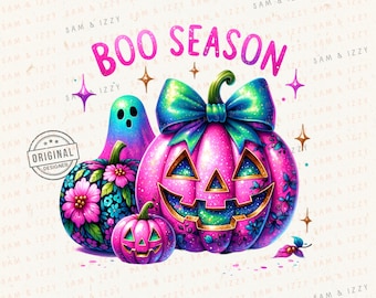 May include: A digital design with Halloween imagery. It features a pink glittery jack-o'-lantern with a teal bow, a ghost, and two pumpkins. The text "BOO SEASON" is displayed above the pumpkins. The design is labeled as an instant download PNG.