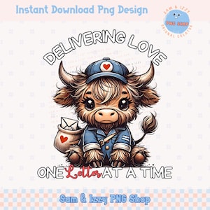 Postino, lettera d'amore posta San Valentino sublimazione clipart png desings, carino mucca delle Highlands di San Valentino png, grafica country western