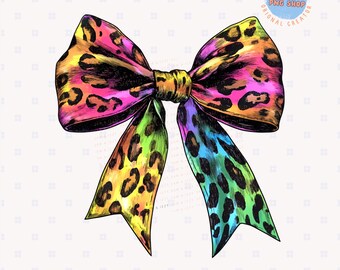 Cute Coquette Neon Retro Leopard Print Bow Png Sublimation Design, Rainbow Bow Designs, Cute Neon 90's Vintage Trending Graphics, Girly Png