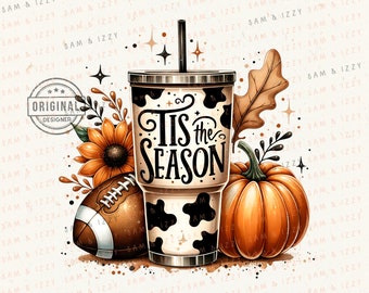 Tis The Season Fall Png, Fall Vibes Png, Pumpkin Png, Fall Sublimation, Coffee and Football Clipart, Autumn Png, Football mom, Cow Print Png