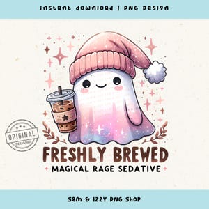 Beanie Cute Ghost Png, Adorable Ghost with Coffee and Pumpkin, Halloween Fall Clipart for Tshirts, Mugs, Stickers, Autumn Designs, POD, DTF