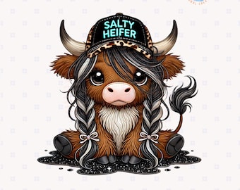 May include: A cartoon illustration of a brown and white Highland cow wearing a black baseball cap with the text "Salty Heifer" in white letters. The cow has black and white braids and is sitting on a black sparkly surface.