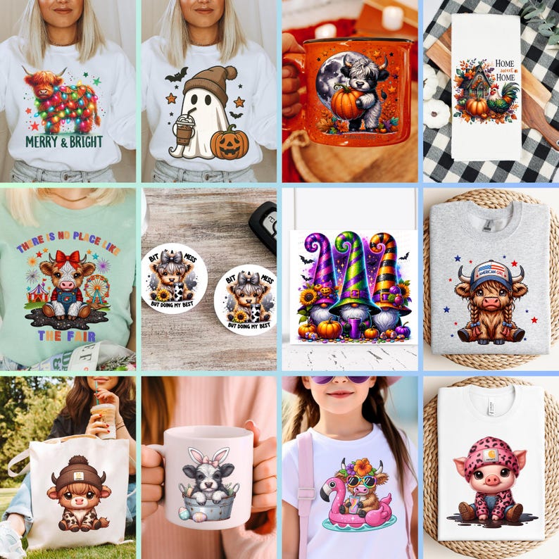 Op de afbeelding: Collectie herfst- en vakantie-thema kleding en accessoires. Inclusief witte t-shirts met feestelijke koeienafbeeldingen, een Halloween spookontwerp en een mok met een koe en een pompoen. Ook een theedoek, onderzetters en een draagtas.